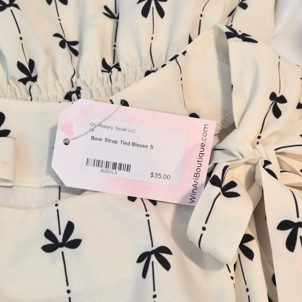 Win Ari Boutique Bow Strap Tied Blouse Cream Black Smocked Peplum Top Small NWT - Picture 5 of 8